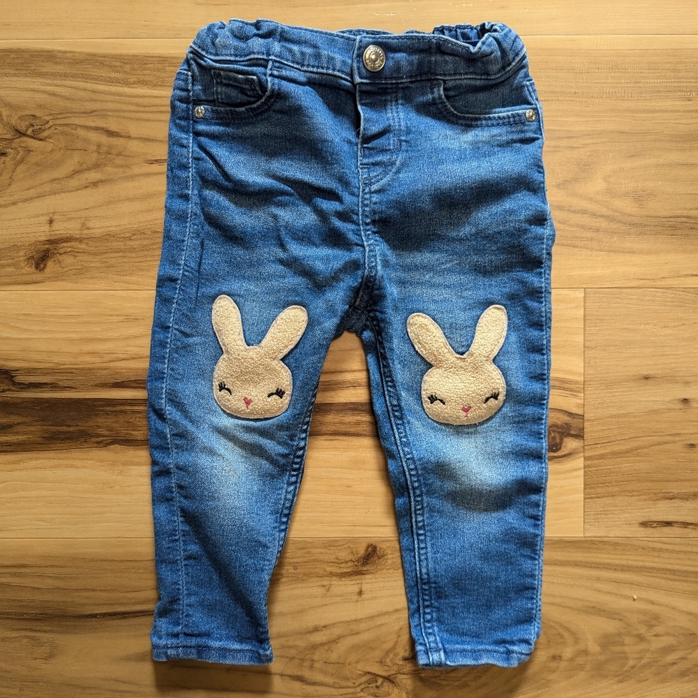 H&M Size 12-18M Girls Jeans with Bunnies Elastic Adjustable Waist